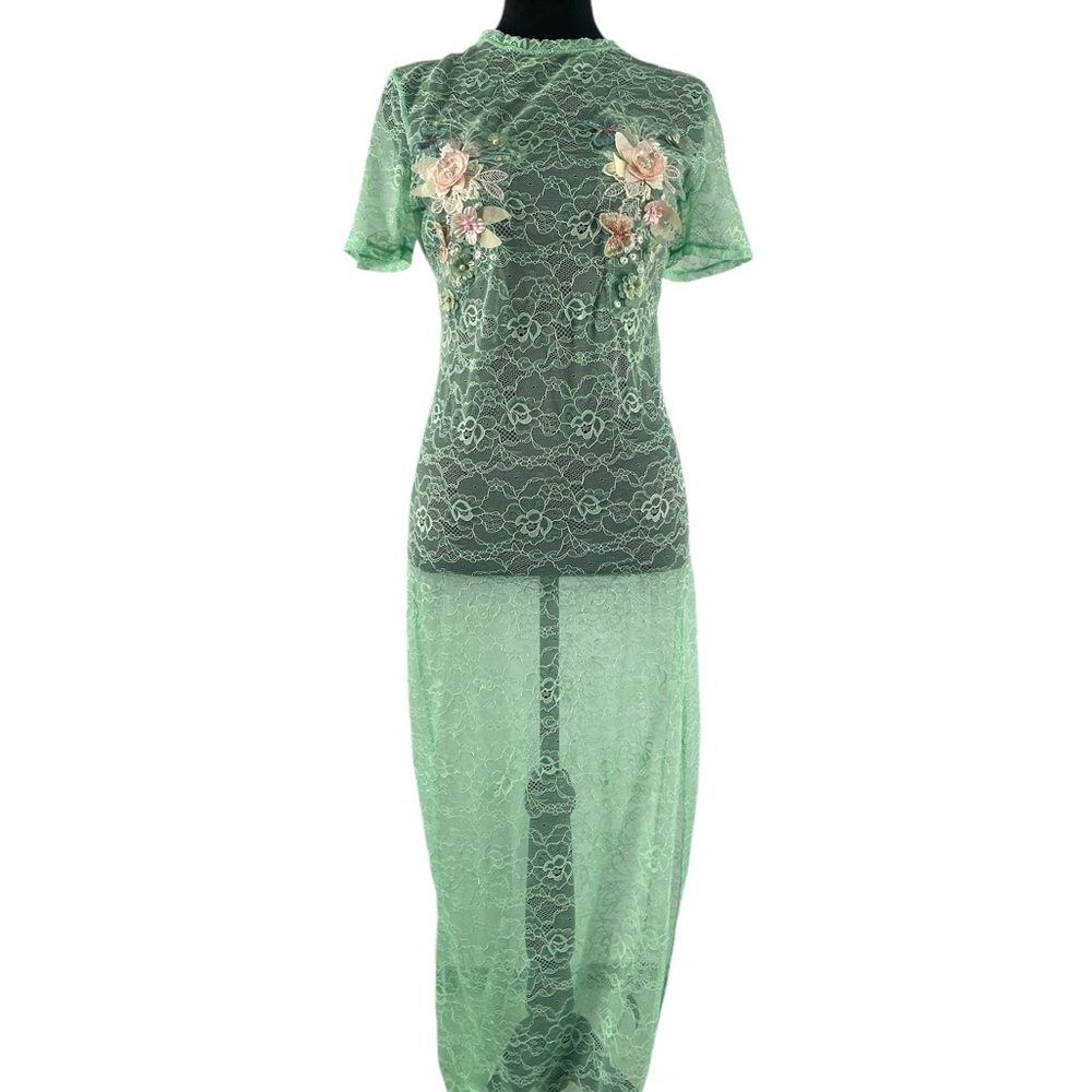Free People Lace Applique Maxi Dress, mint green,floral design,Large, New - Picture 6 of 14